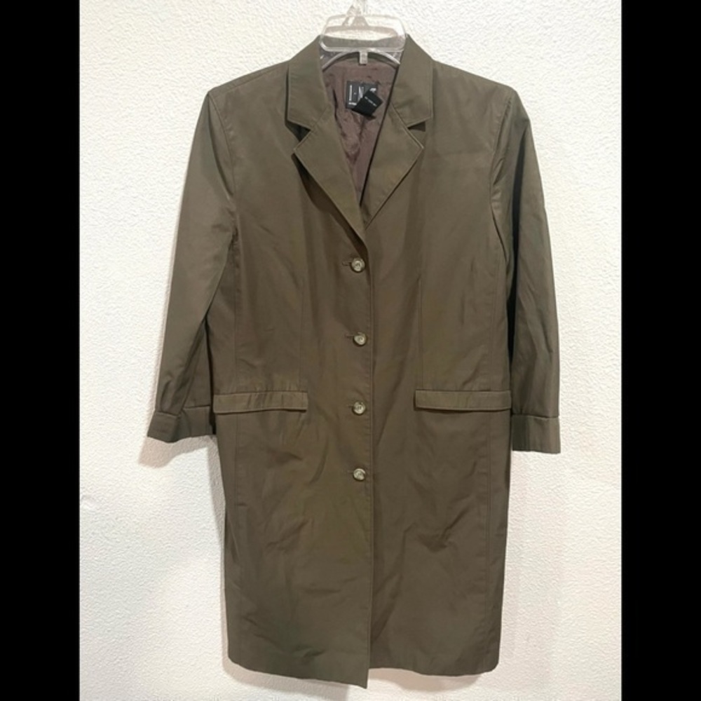 INC woman’s olive green long button up trench coat size 6